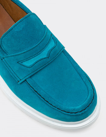 Hakiki Süet Turkuaz Rengi Loafer Kadın Ayakkabı - 01903ZTRKP01