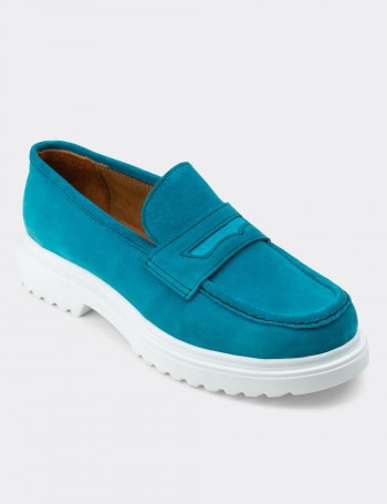 Hakiki Süet Turkuaz Rengi Loafer Kadın Ayakkabı - 01903ZTRKP01