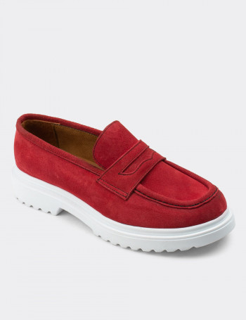 Hakiki Süet Kırmızı Loafer Kadın Ayakkabı - 01903ZKRMP01