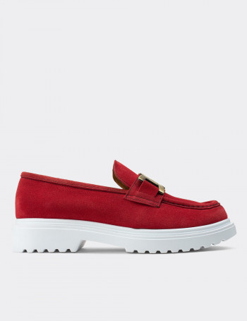 Hakiki Süet Kırmızı Loafer Kadın Ayakkabı - 01902ZKRMP01