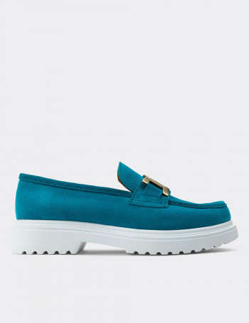 Hakiki Süet Turkuaz Rengi Tokalı Loafer Kadın Ayakkabı - 01902ZTRKP01