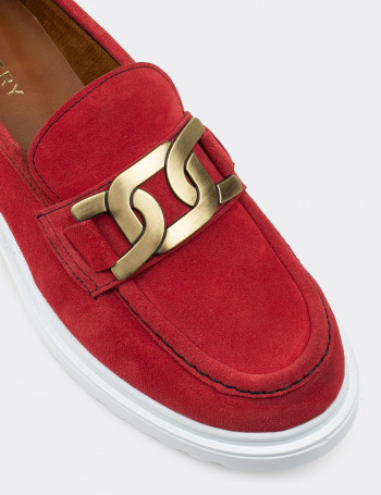 Hakiki Süet Kırmızı Loafer Kadın Ayakkabı - 01902ZKRMP01