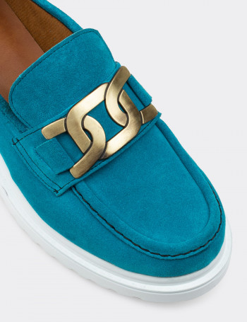 Hakiki Süet Turkuaz Rengi Tokalı Loafer Kadın Ayakkabı - 01902ZTRKP01