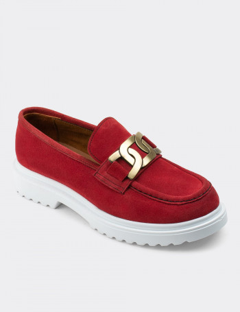 Hakiki Süet Kırmızı Loafer Kadın Ayakkabı - 01902ZKRMP01