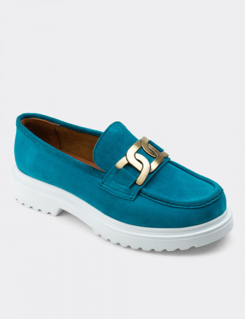 Hakiki Süet Turkuaz Rengi Tokalı Loafer Kadın Ayakkabı - 01902ZTRKP01
