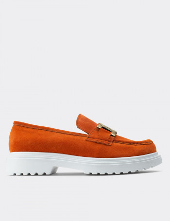 Hakiki Süet Turuncu Tokalı Loafer Kadın Ayakkabı - 01902ZTRCP01