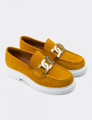 Hakiki Süet Sarı Tokalı Loafer Kadın Ayakkabı - 01902ZSRIP01