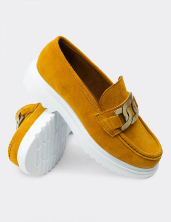 Hakiki Süet Sarı Tokalı Loafer Kadın Ayakkabı - 01902ZSRIP01