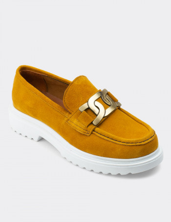 Hakiki Süet Sarı Tokalı Loafer Kadın Ayakkabı