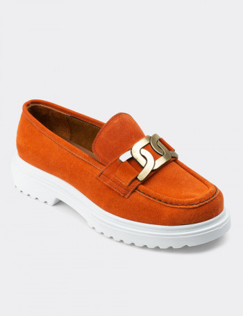 Hakiki Süet Turuncu Tokalı Loafer Kadın Ayakkabı - 01902ZTRCP01