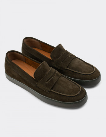 Hakiki Süet Haki Loafer Erkek Ayakkabı - 01870MHAKC01