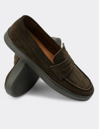 Hakiki Süet Haki Loafer Erkek Ayakkabı - 01870MHAKC01