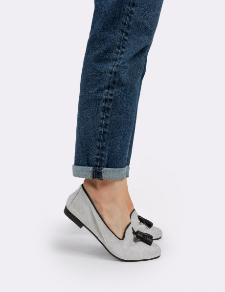 Hakiki Süet Puantiyeli Gri Kadın Babet