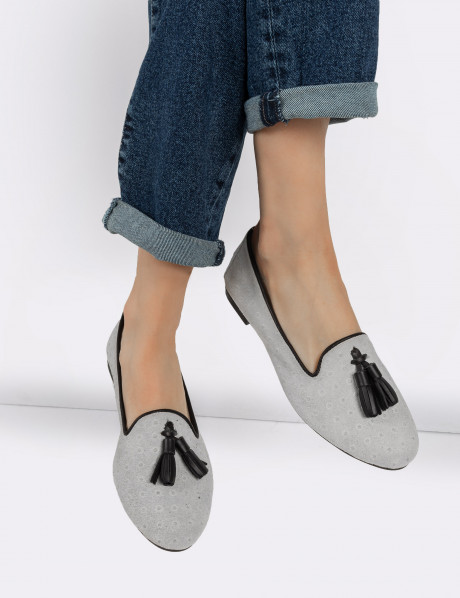 Hakiki Süet Puantiyeli Gri Kadın Babet