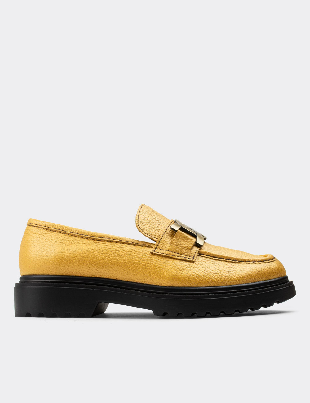 Hakiki Deri Sarı Loafer Tokalı Kadın Ayakkabı - 01902ZSRIP02