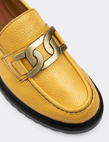 Hakiki Deri Sarı Loafer Tokalı Kadın Ayakkabı - 01902ZSRIP02