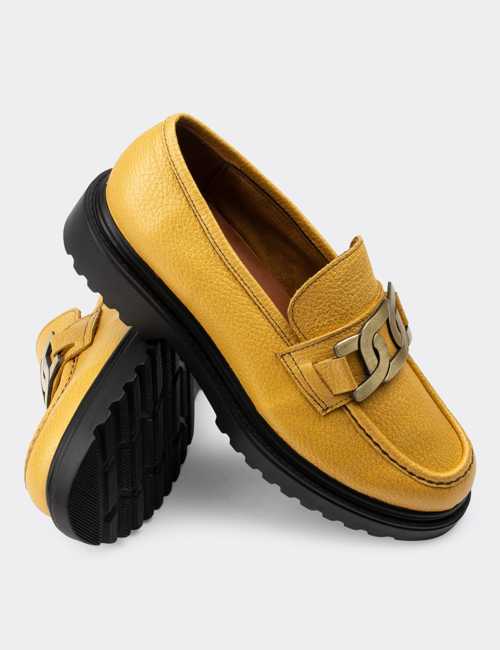 Hakiki Deri Sarı Loafer Tokalı Kadın Ayakkabı - 01902ZSRIP02