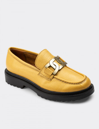 Hakiki Deri Sarı Loafer Tokalı Kadın Ayakkabı - 01902ZSRIP02