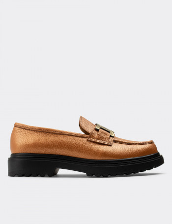 Hakiki Deri Bronz Rengi Tokalı Loafer Kadın Ayakkabı - 01902ZBRNP01