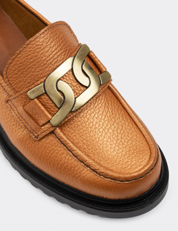 Hakiki Deri Bronz Rengi Tokalı Loafer Kadın Ayakkabı - 01902ZBRNP01