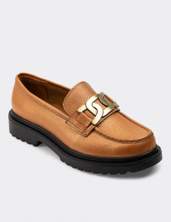 Hakiki Deri Bronz Rengi Tokalı Loafer Kadın Ayakkabı - 01902ZBRNP01