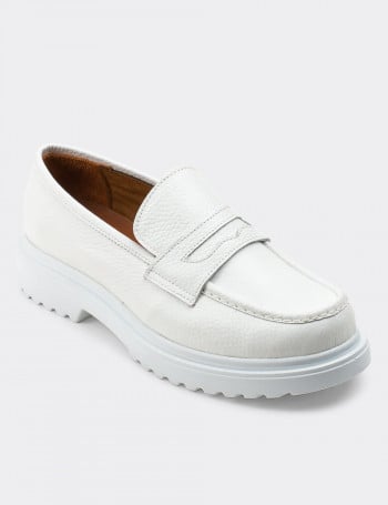 Hakiki Deri Beyaz Loafer Kadın Ayakkabı - 01903ZBYZP01