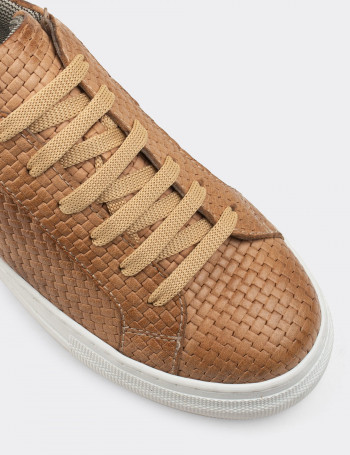 Hakiki Deri Taba Rengi Örgü Desen Sneaker Kadın Ayakkabı - Z1681ZTBAC01