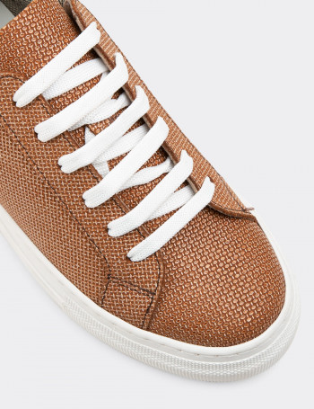 Hakiki Deri Taba Rengi İşlentili Sneaker Kadın Ayakkabı - Z1681ZTBAC02
