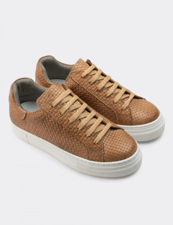 Hakiki Deri Taba Rengi Örgü Desen Sneaker Kadın Ayakkabı - Z1681ZTBAC01