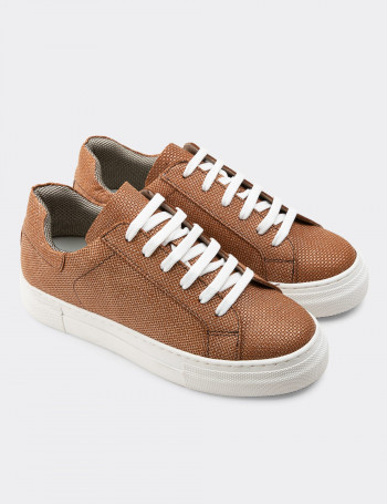 Hakiki Deri Taba Rengi İşlentili Sneaker Kadın Ayakkabı - Z1681ZTBAC02