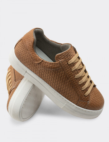 Hakiki Deri Taba Rengi Örgü Desen Sneaker Kadın Ayakkabı - Z1681ZTBAC01