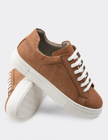 Hakiki Deri Taba Rengi İşlentili Sneaker Kadın Ayakkabı - Z1681ZTBAC02