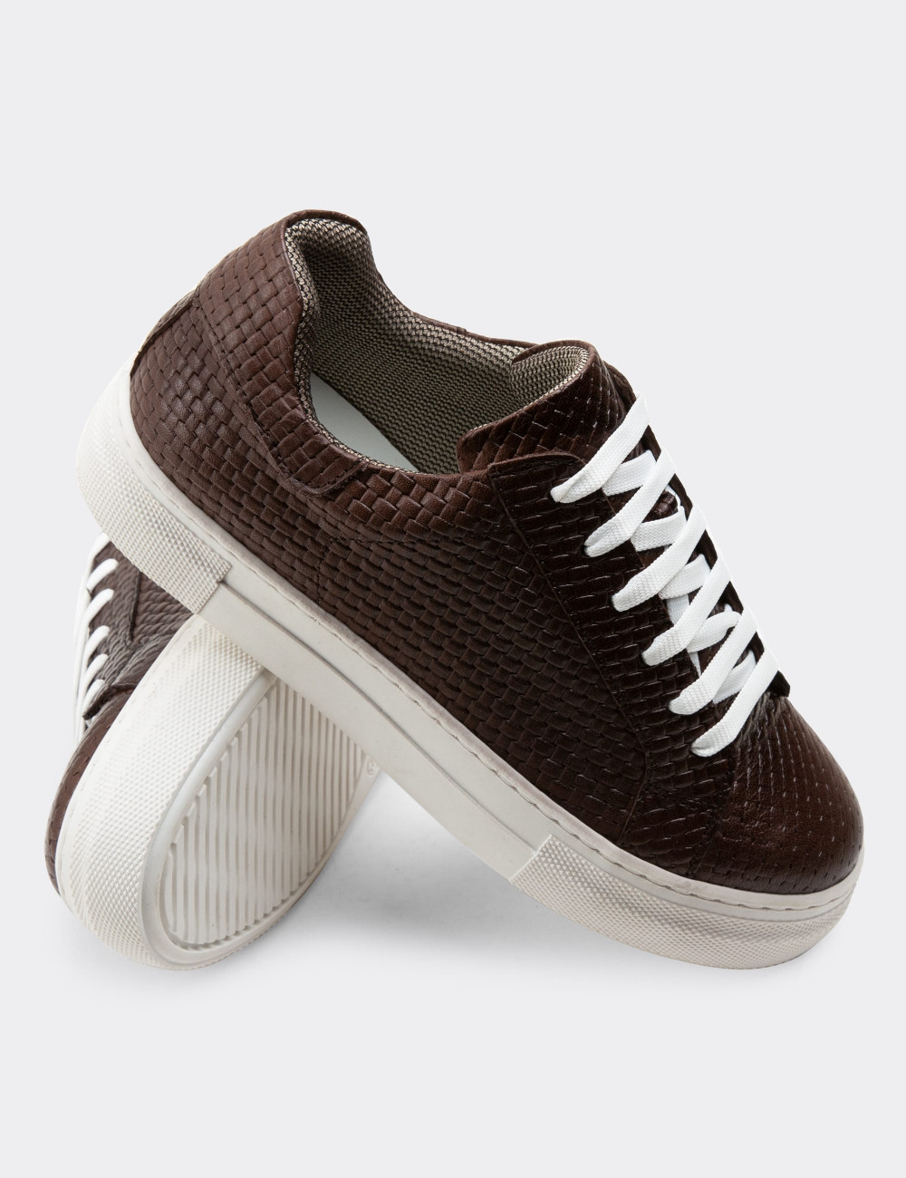 Hakiki Deri Kahverengi Örgü Desen Sneaker Kadın Ayakkabı - Z1681ZKHVC02