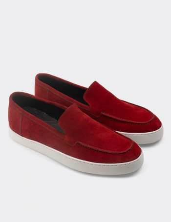 Hakiki Süet Kırmızı Loafer Erkek Ayakkabı - 01865MKRMC01