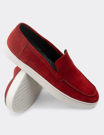 Hakiki Süet Kırmızı Loafer Erkek Ayakkabı - 01865MKRMC01