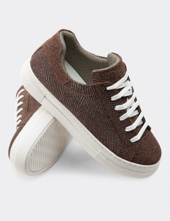 Hakiki Nubuk Kahverengi İşlentili Sneaker Kadın Ayakkabı - Z1681ZKHVC03