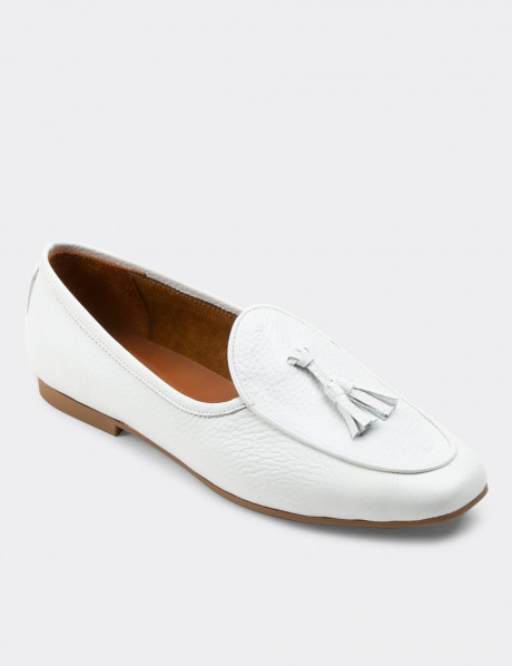 Deery Püsküllü Deery Hakiki Deri Beyaz Kadın Babet