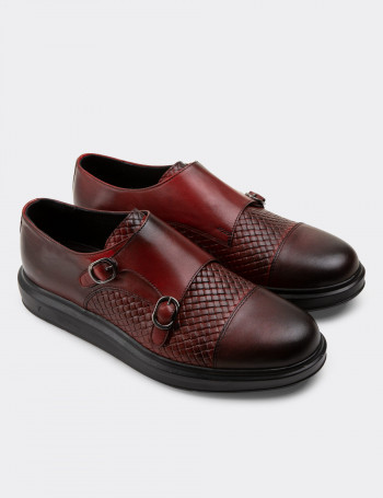 Hakiki Deri Bordo Comfort Çift Tokalı Günlük Erkek Ayakkabı - 01838MBRDP02