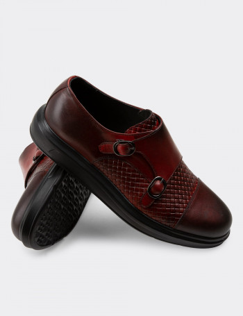 Hakiki Deri Bordo Comfort Çift Tokalı Günlük Erkek Ayakkabı - 01838MBRDP02