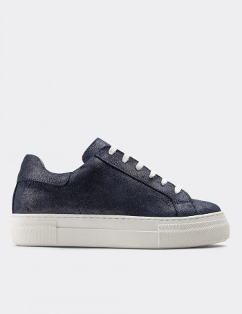 Hakiki Süet Lacivert Simli Sneaker Kadın Ayakkabı - Z1681ZLCVC03