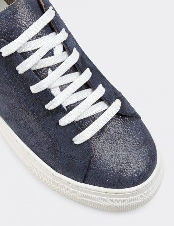 Hakiki Süet Lacivert Simli Sneaker Kadın Ayakkabı - Z1681ZLCVC03