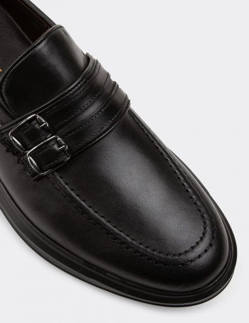 Hakiki Deri Siyah Comfort Çift Tokalı Erkek Loafer - 01925MSYHP01