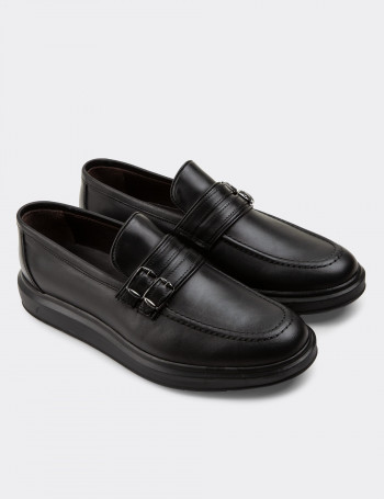 Hakiki Deri Siyah Comfort Çift Tokalı Erkek Loafer - 01925MSYHP01