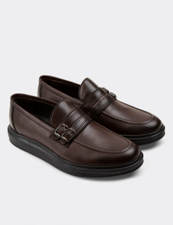Hakiki Deri Kahverengi Comfort Çift Tokalı Erkek Loafer - 01925MKHVP01