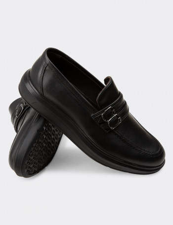 Hakiki Deri Siyah Comfort Çift Tokalı Erkek Loafer - 01925MSYHP01