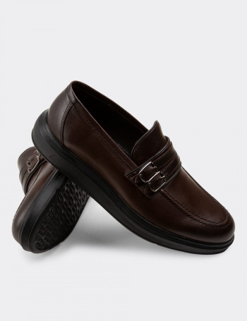 Hakiki Deri Kahverengi Comfort Çift Tokalı Erkek Loafer - 01925MKHVP01
