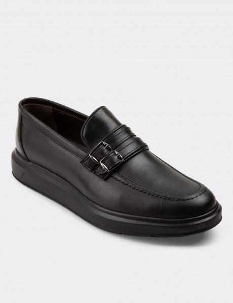 Hakiki Deri Siyah Comfort Çift Tokalı Erkek Loafer