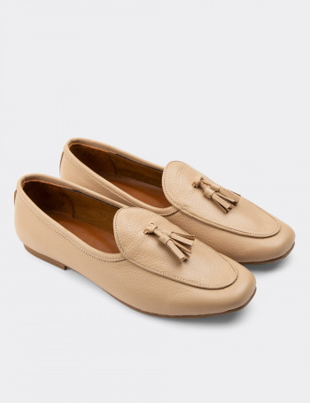 Hakiki Deri Camel Rengi Püsküllü Kadın Babet - 01909ZCMLC01