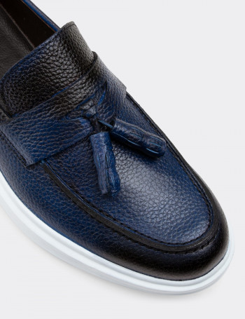 Hakiki Deri Mavi Comfort Püsküllü Erkek Loafer - 01587MMVIP06