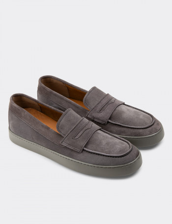Hakiki Süet Gri Loafer Erkek Ayakkabı - 01870MGRIC01
